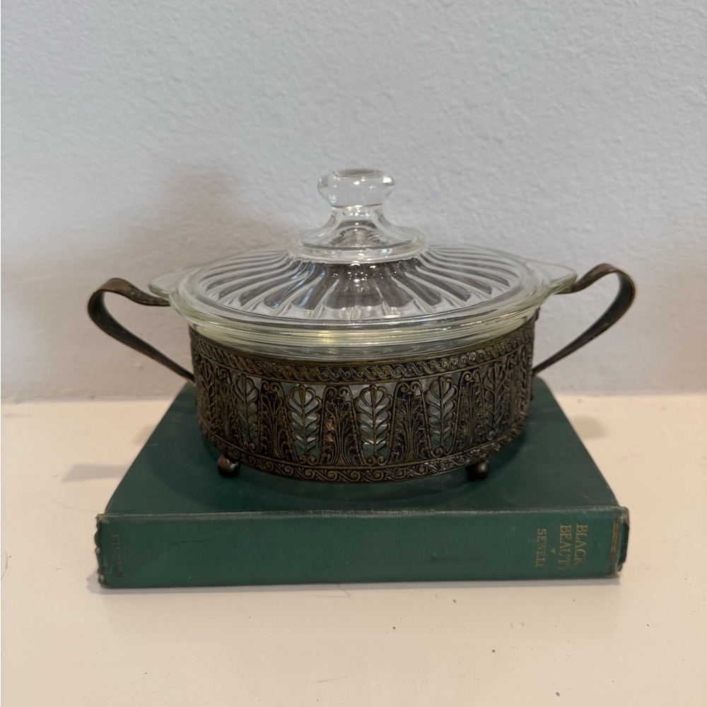 Vintage Glasbake 1Qt Casserole Dish with Lid in Art Deco Metal Holder